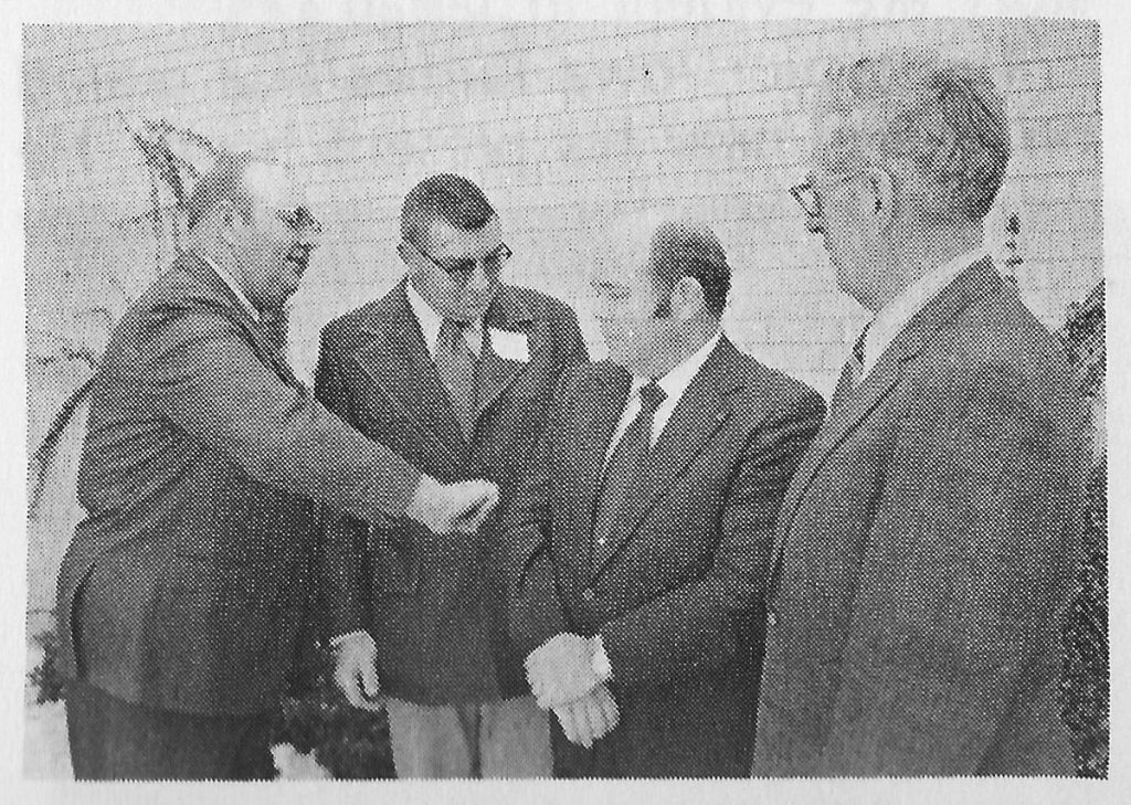 Kansas soybean producers met at Ottawa Dec. 14, 1972 and voted to organize the Kansas Soybean Association and adopted a constitution and bylaws. From left, new Kansas Soybean Association officers, Wayne Dicken, De Soto, Kan., president; Robert Manson, De Soto, vice president; Verlin Peterson, Manhattan, Kan., executive secretary; and Ralph Smith, Iola, Kan., treasurer.