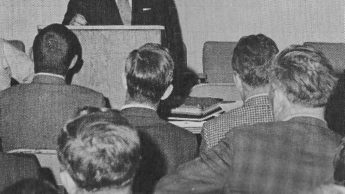 Olin Gooden, Woodside, Del., convenes the first annual meeting of the Mid-Atlantic Soybean Association in 1971, following the annual soybean production meeting at Salisbury, Md.