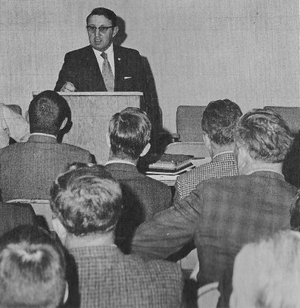 Olin Gooden, Woodside, Del., convenes the first annual meeting of the Mid-Atlantic Soybean Association in 1971, following the annual soybean production meeting at Salisbury, Md.