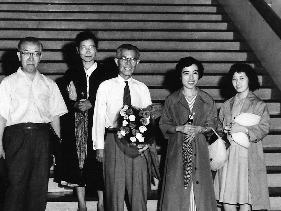 Staff of the Japanese American Soybean Institute in July 1957. Left to right: Hidekidu Sato, translator; Toshi Yonemura, interpreter and nutrition specialist; Shizuka Hayashi, managing director; Yoshiko Kojima, research and promotion specialist; and Yoko Takahashi, secretary