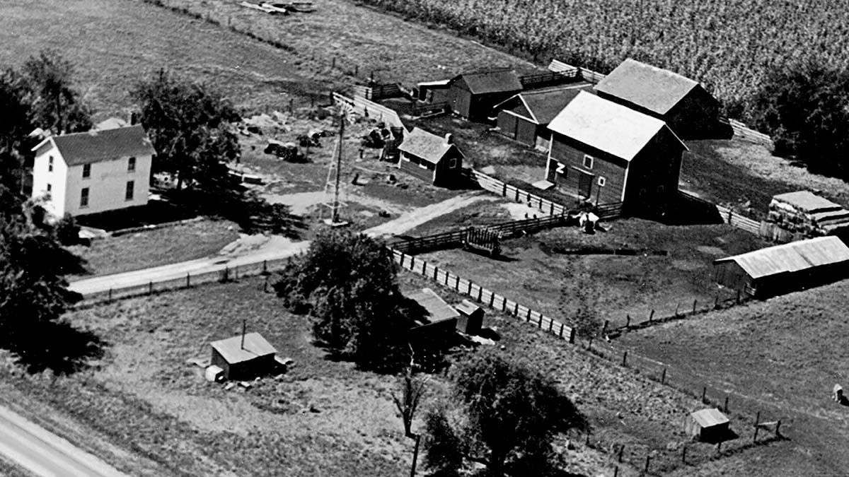 This aerial view shows the Moore farmstead in Roseville, Illinois around 1950.